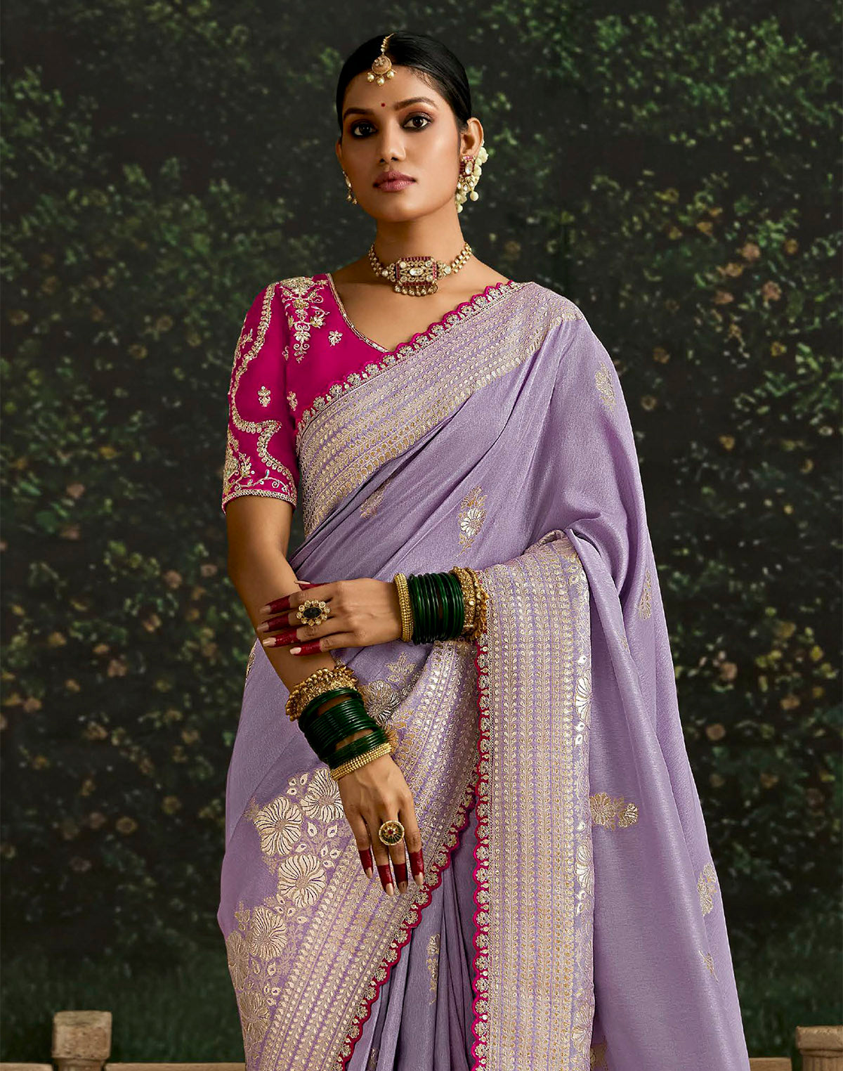 Collection of Purple Floral Motifs Pure Dola Silk Saree With Contrast Embroidery Work Blouse in a gallery layout