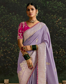 Collection of Purple Floral Motifs Pure Dola Silk Saree With Contrast Embroidery Work Blouse in a gallery layout