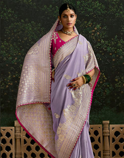 Collection of Purple Floral Motifs Pure Dola Silk Saree With Contrast Embroidery Work Blouse in a gallery layout