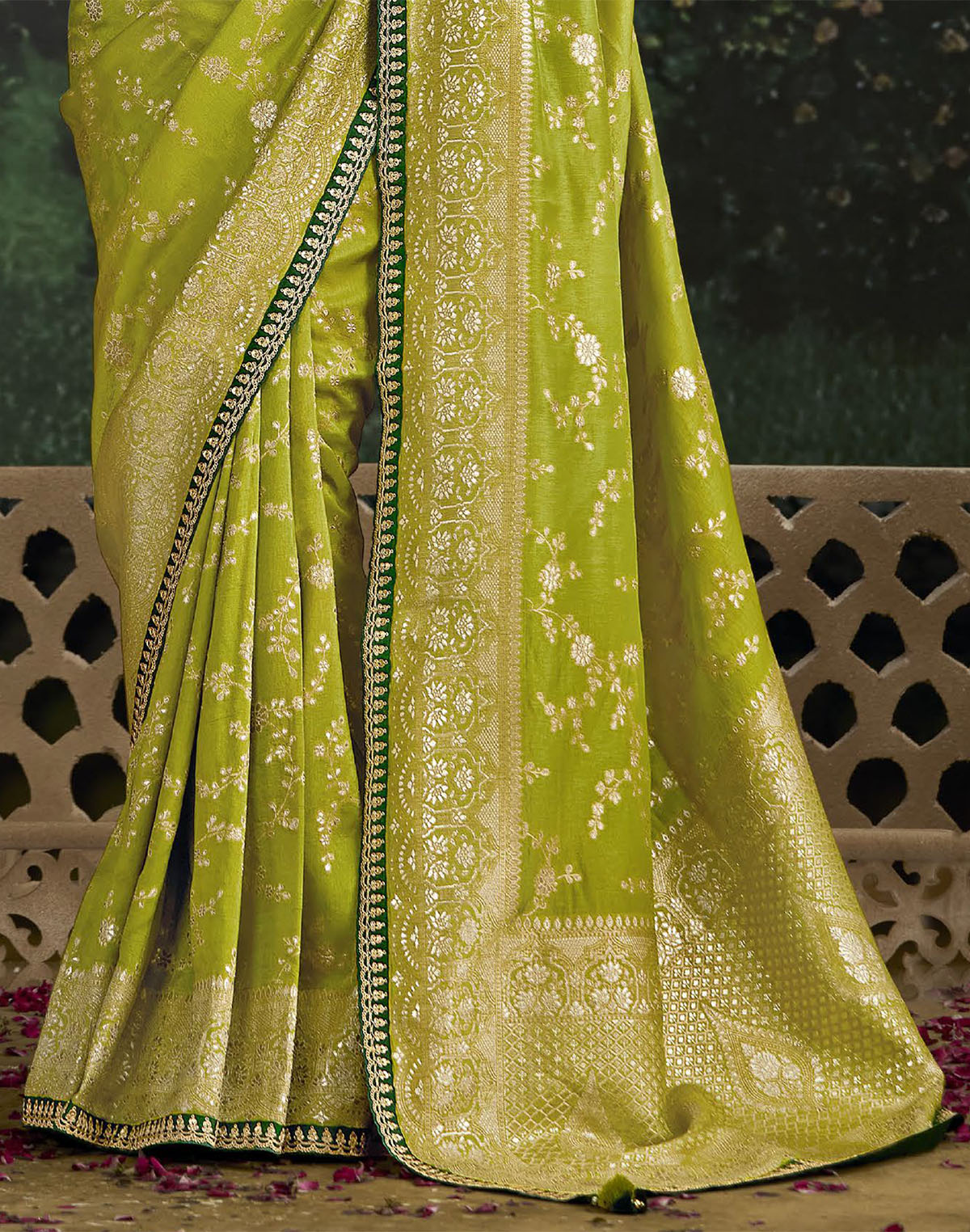 Collection of Parrot Green Dola Silk Designer Saree With Embroidery Work Blouse in a gallery layout