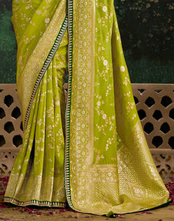 Collection of Parrot Green Dola Silk Designer Saree With Embroidery Work Blouse in a gallery layout