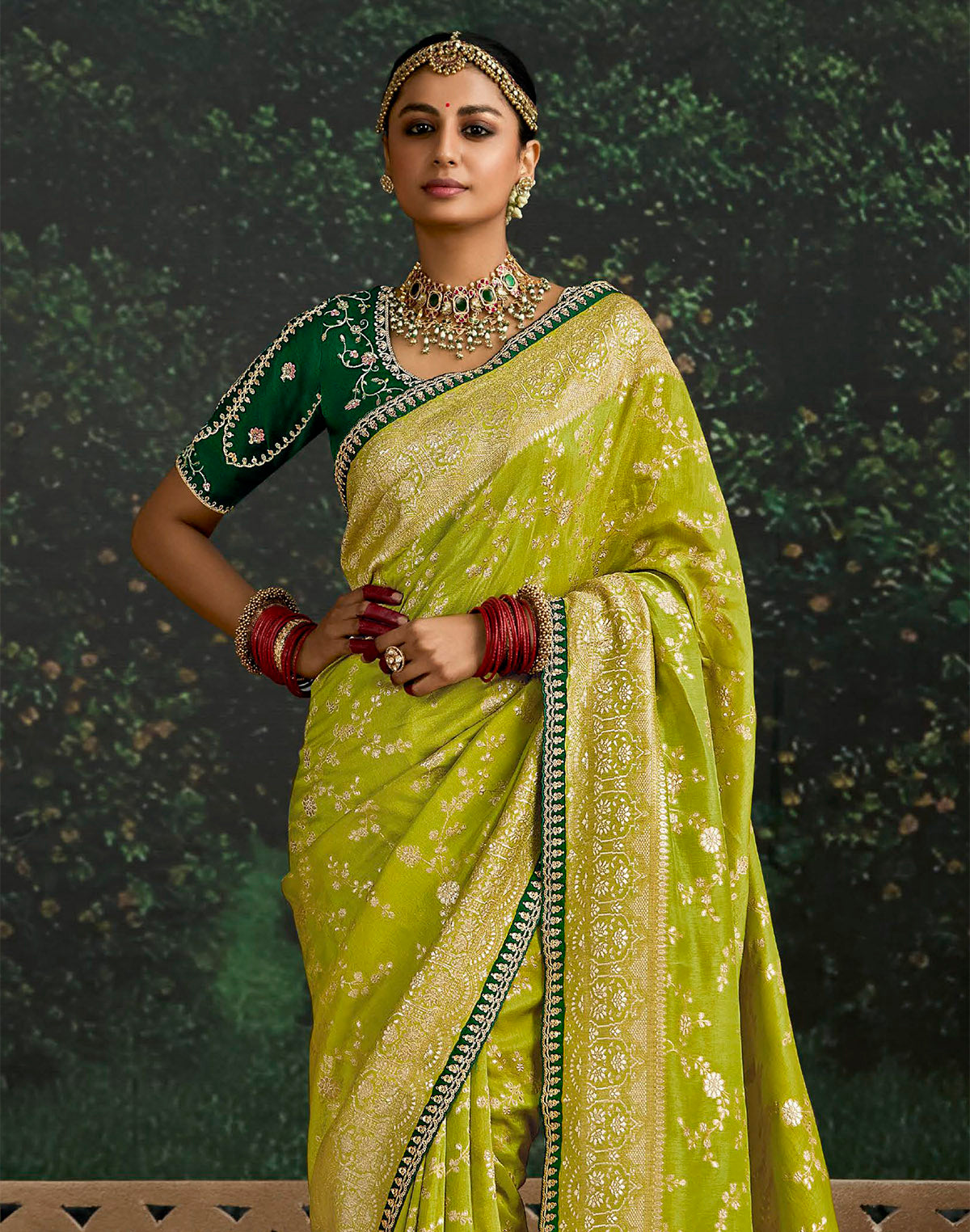 Collection of Parrot Green Dola Silk Designer Saree With Embroidery Work Blouse in a gallery layout