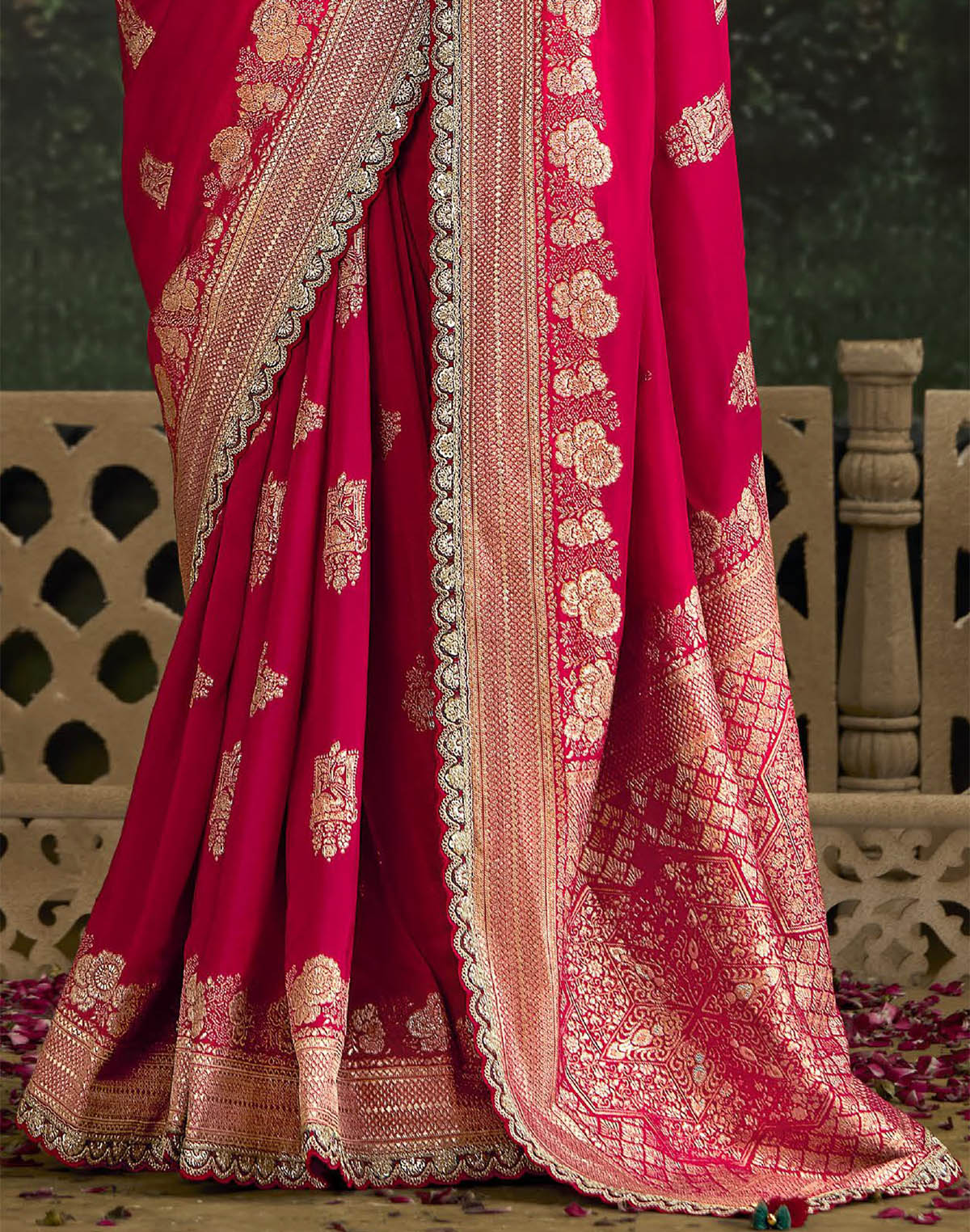 Collection of Dark Pink Floral Pure Dola Silk Saree With Contrast Work Blouse in a gallery layout