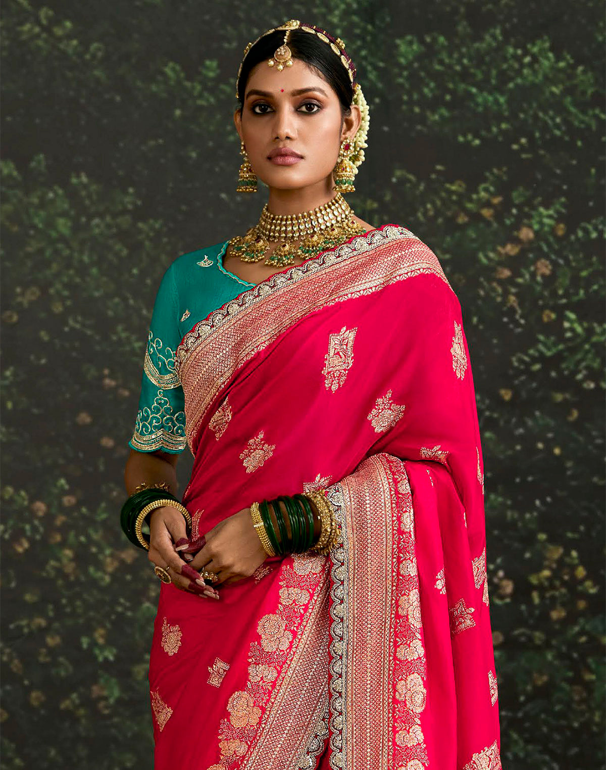 Collection of Dark Pink Floral Pure Dola Silk Saree With Contrast Work Blouse in a gallery layout