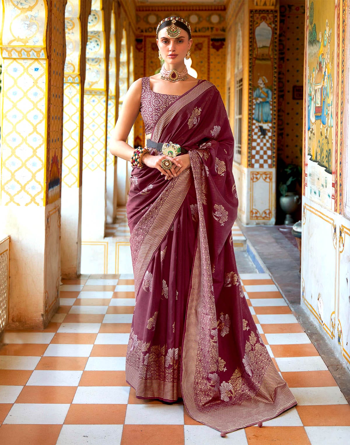 Maroon Floral Print Banaras Silk Designer Saree