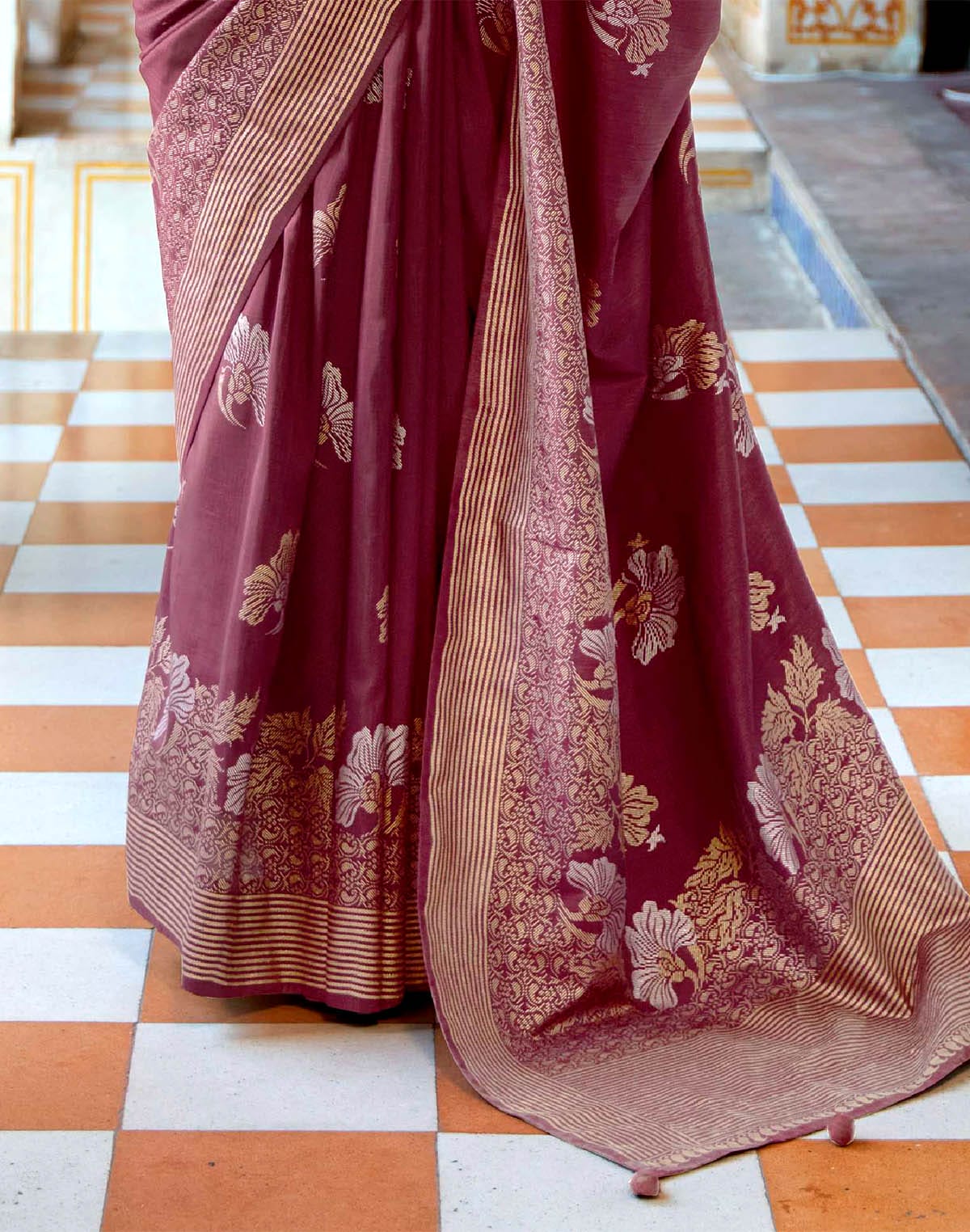 Maroon Floral Print Banaras Silk Designer Saree