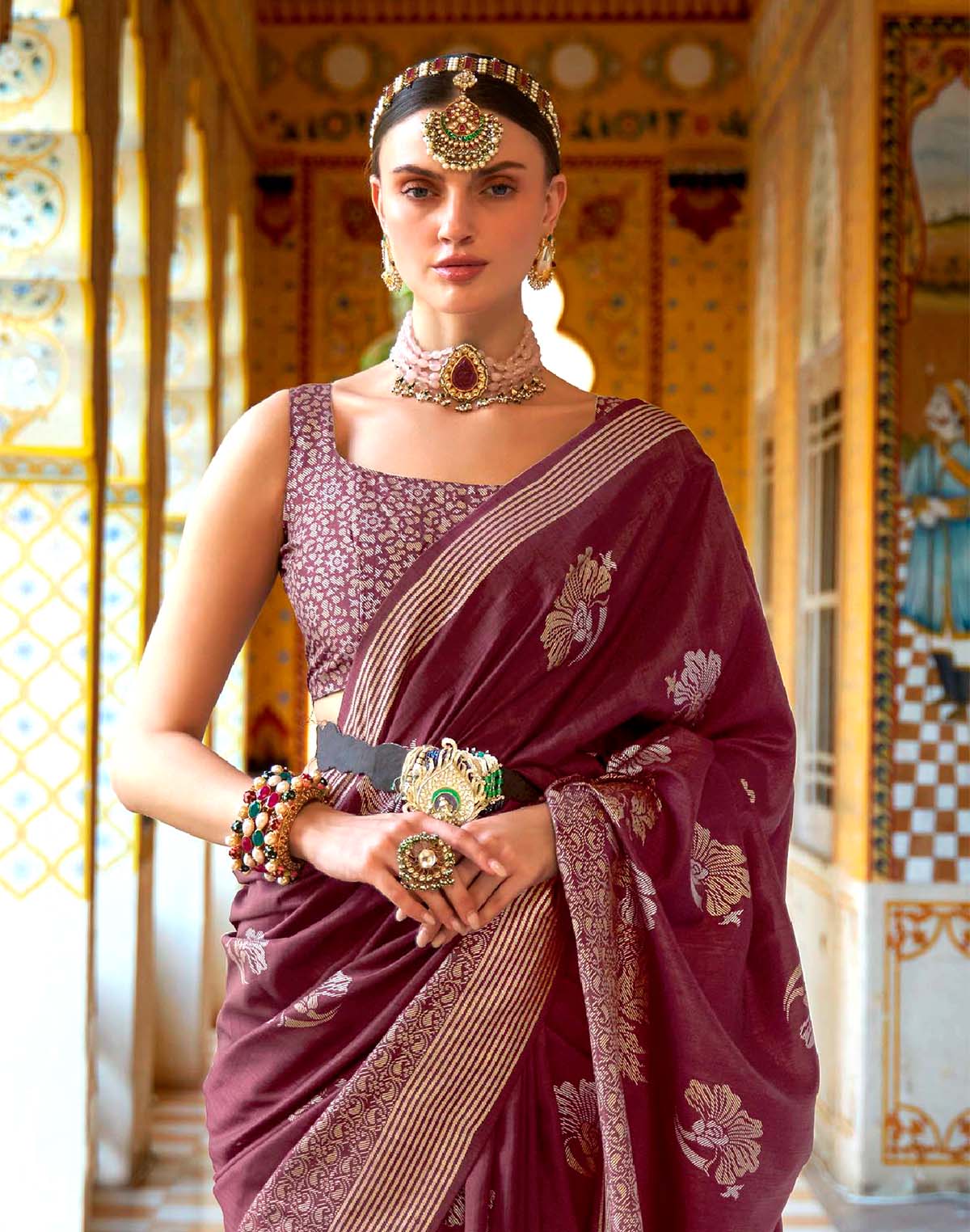 Collection of Maroon Floral Print Banaras Silk Designer Saree in a gallery layout