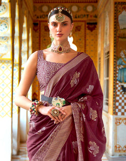 Collection of Maroon Floral Print Banaras Silk Designer Saree in a gallery layout