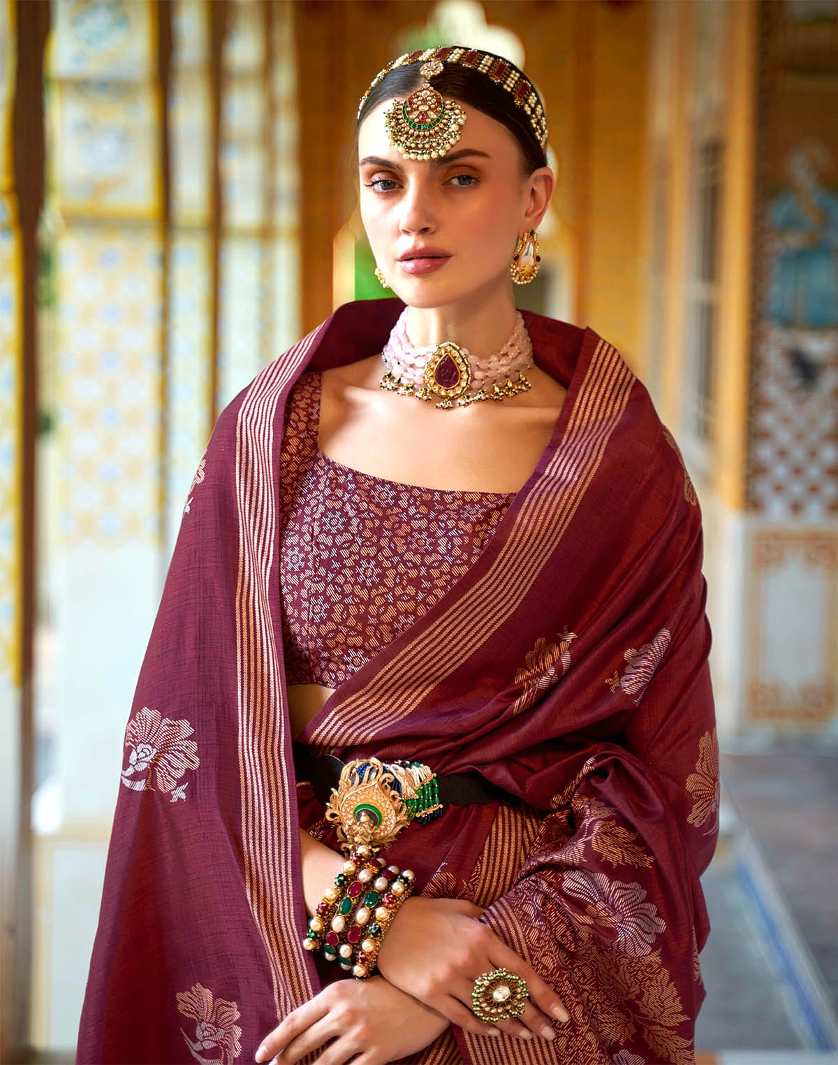 Collection of Maroon Floral Print Banaras Silk Designer Saree in a gallery layout