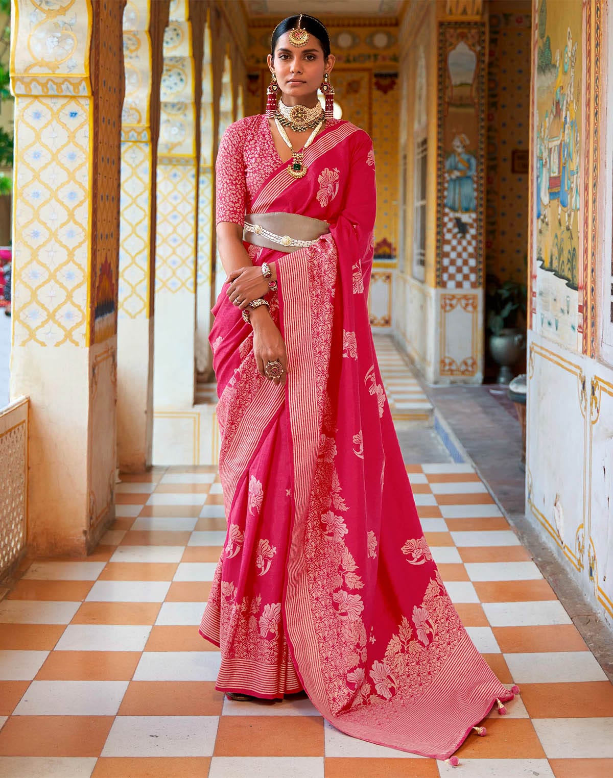 Dark Pink Banaras Silk Floral Print Saree