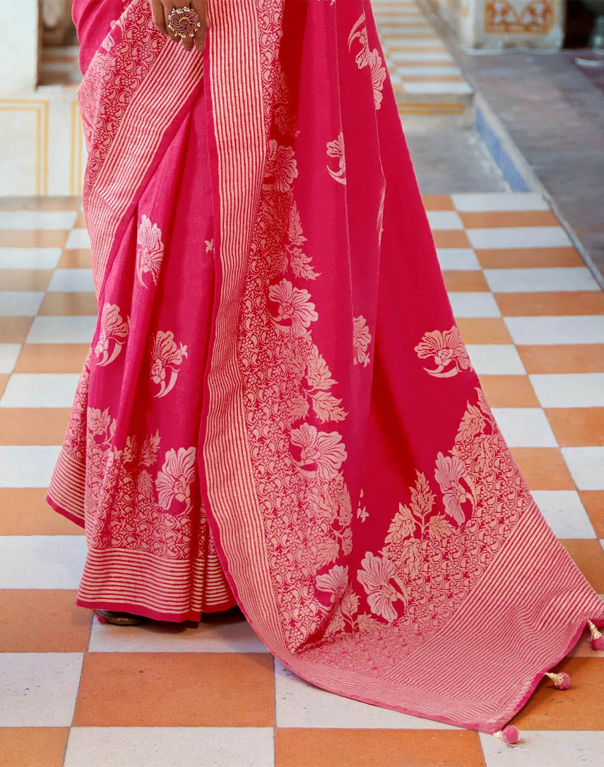 Dark Pink Banaras Silk Floral Print Saree