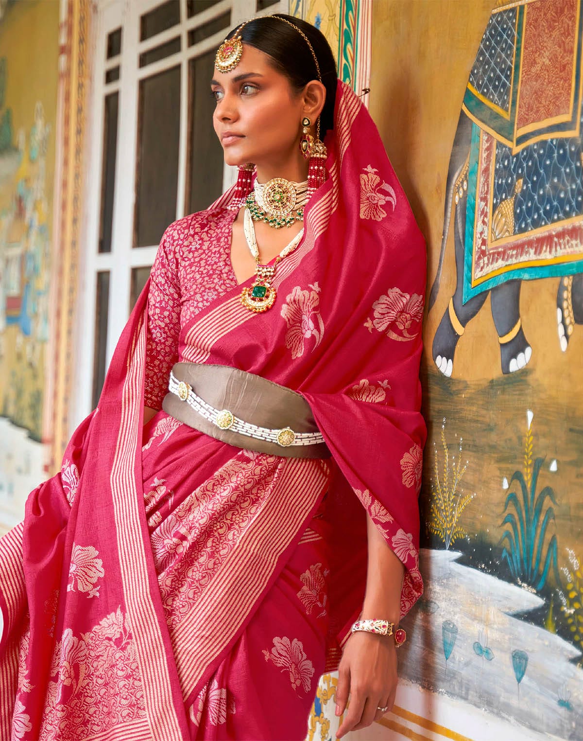 Collection of Dark Pink Banaras Silk Floral Print Saree in a gallery layout