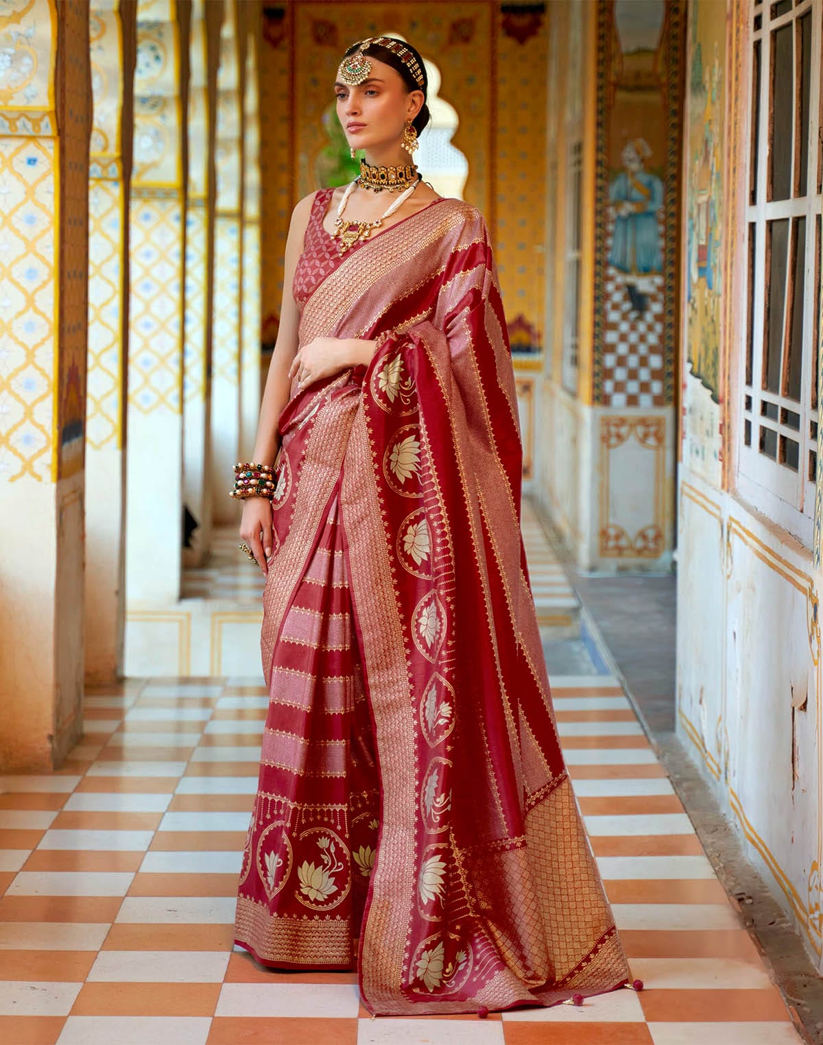 Collection of Graceful Maroon Floral Banaras Silk Fancy Saree in a gallery layout