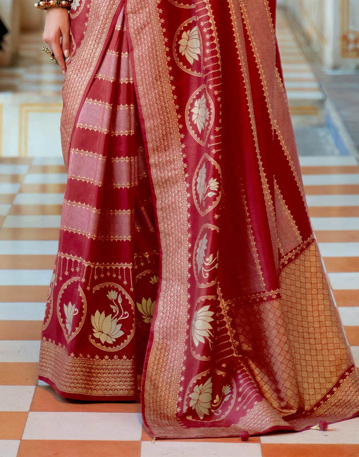 Collection of Graceful Maroon Floral Banaras Silk Fancy Saree in a gallery layout