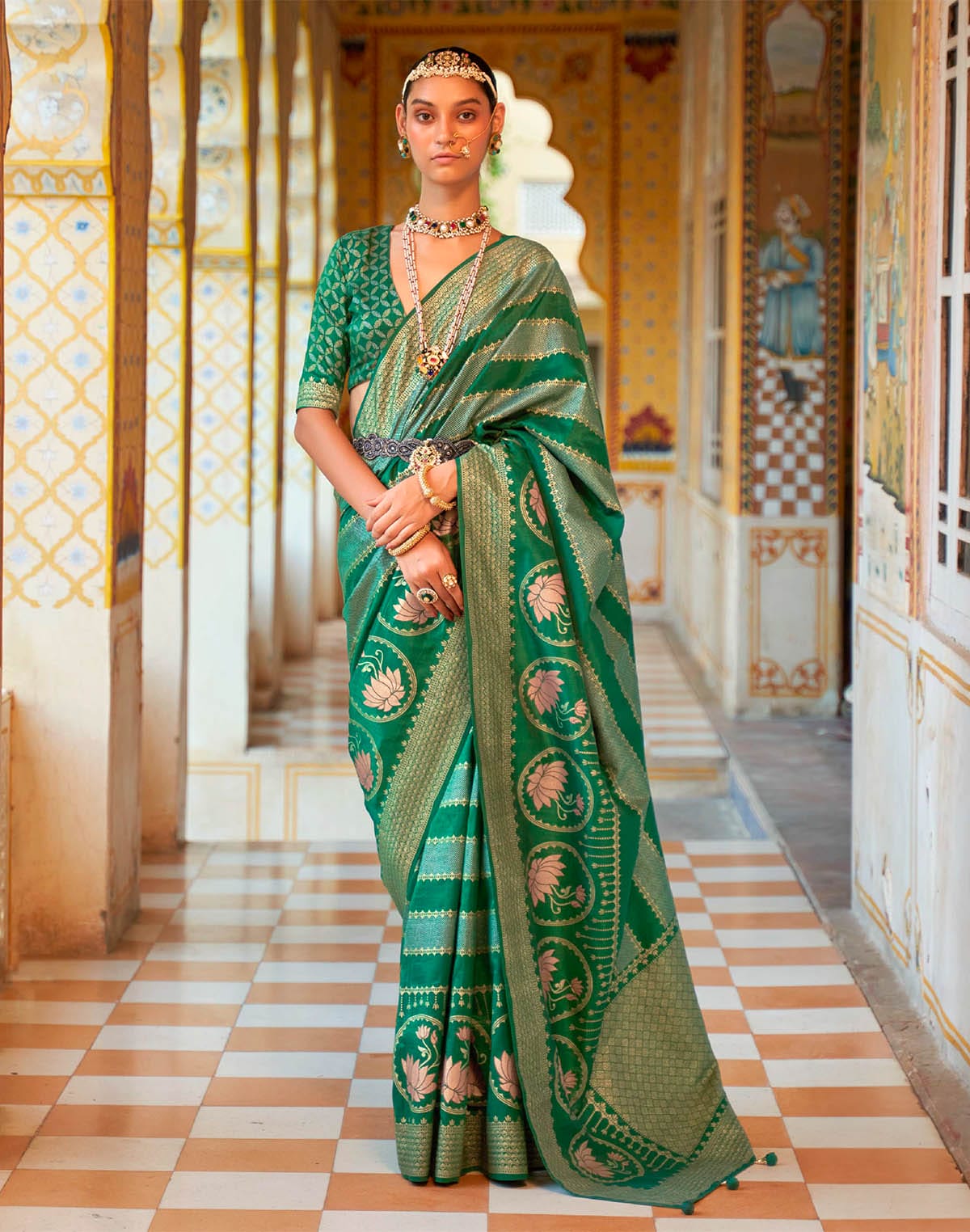 Green Foil Printed Banaras Silk Saree