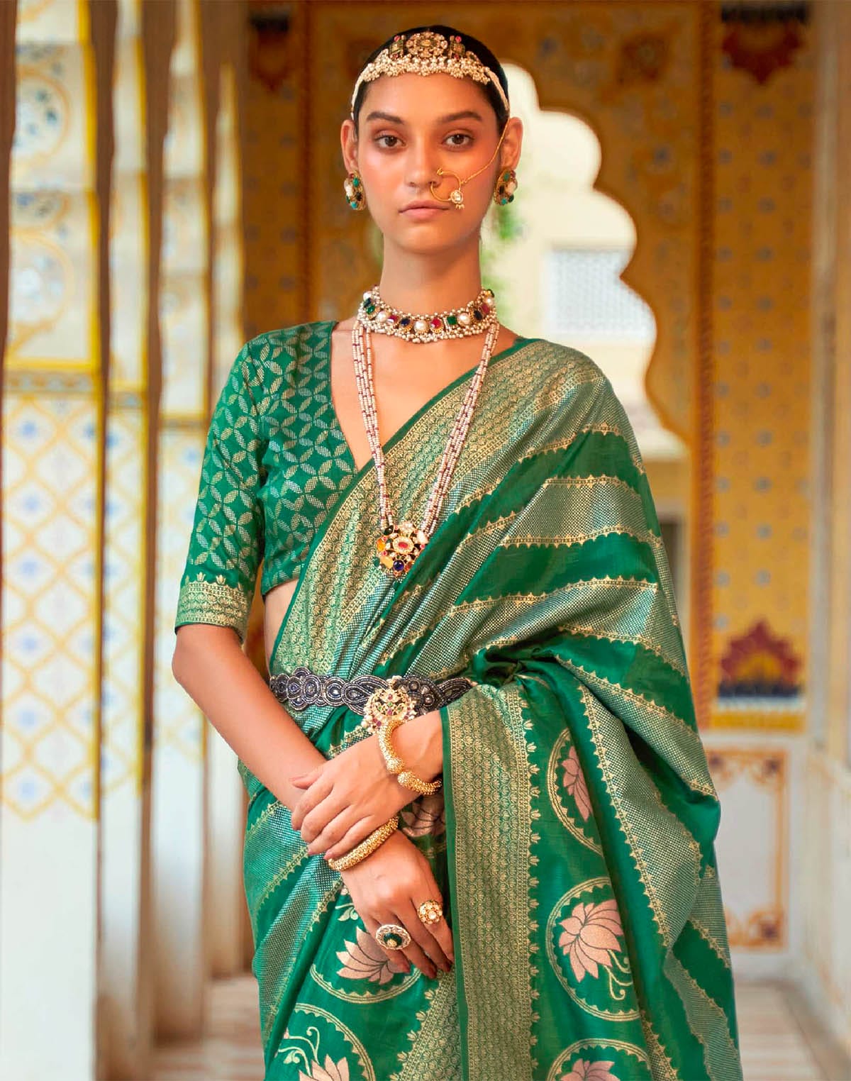 Green Foil Printed Banaras Silk Saree