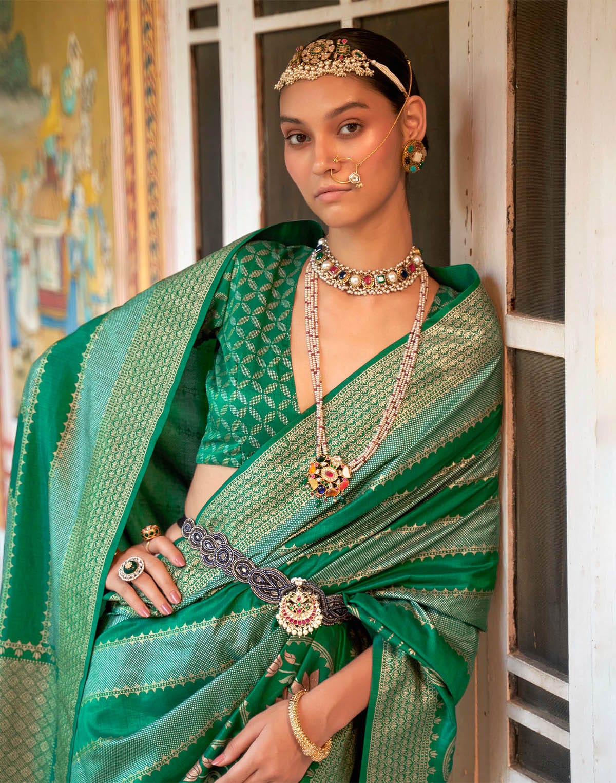 Collection of Green Foil Printed Banaras Silk Saree in a gallery layout