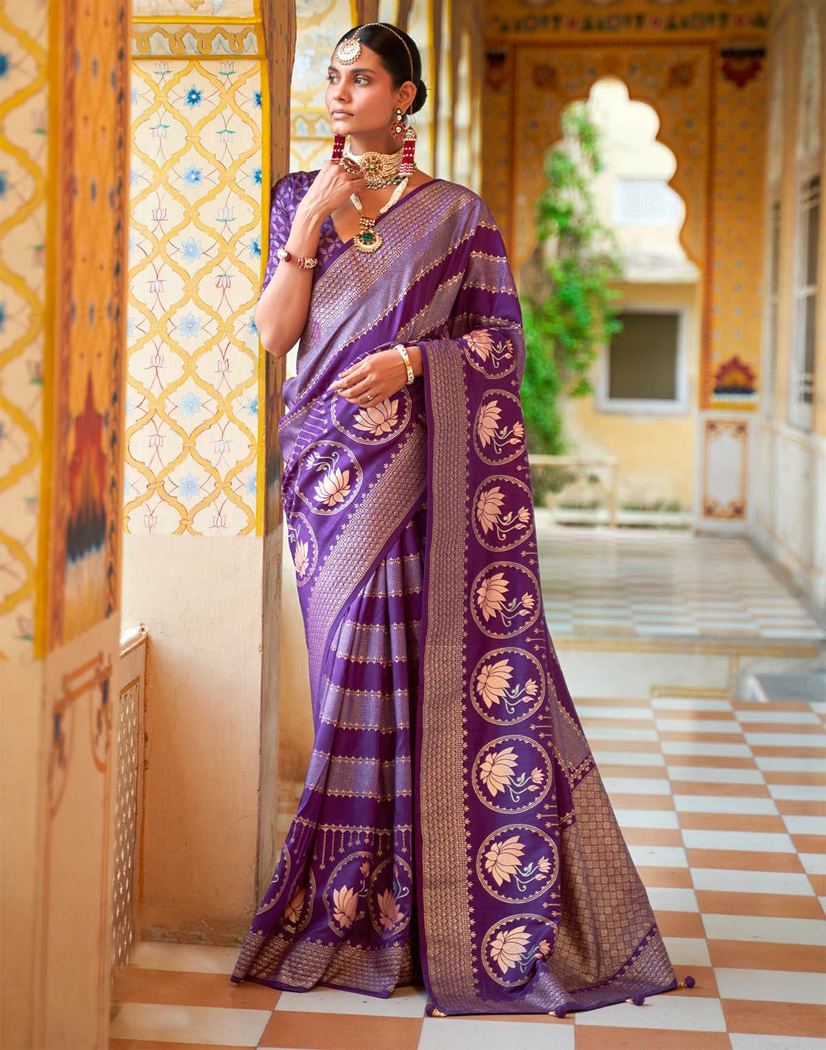 Floral Print Banaras Silk Saree in Purple