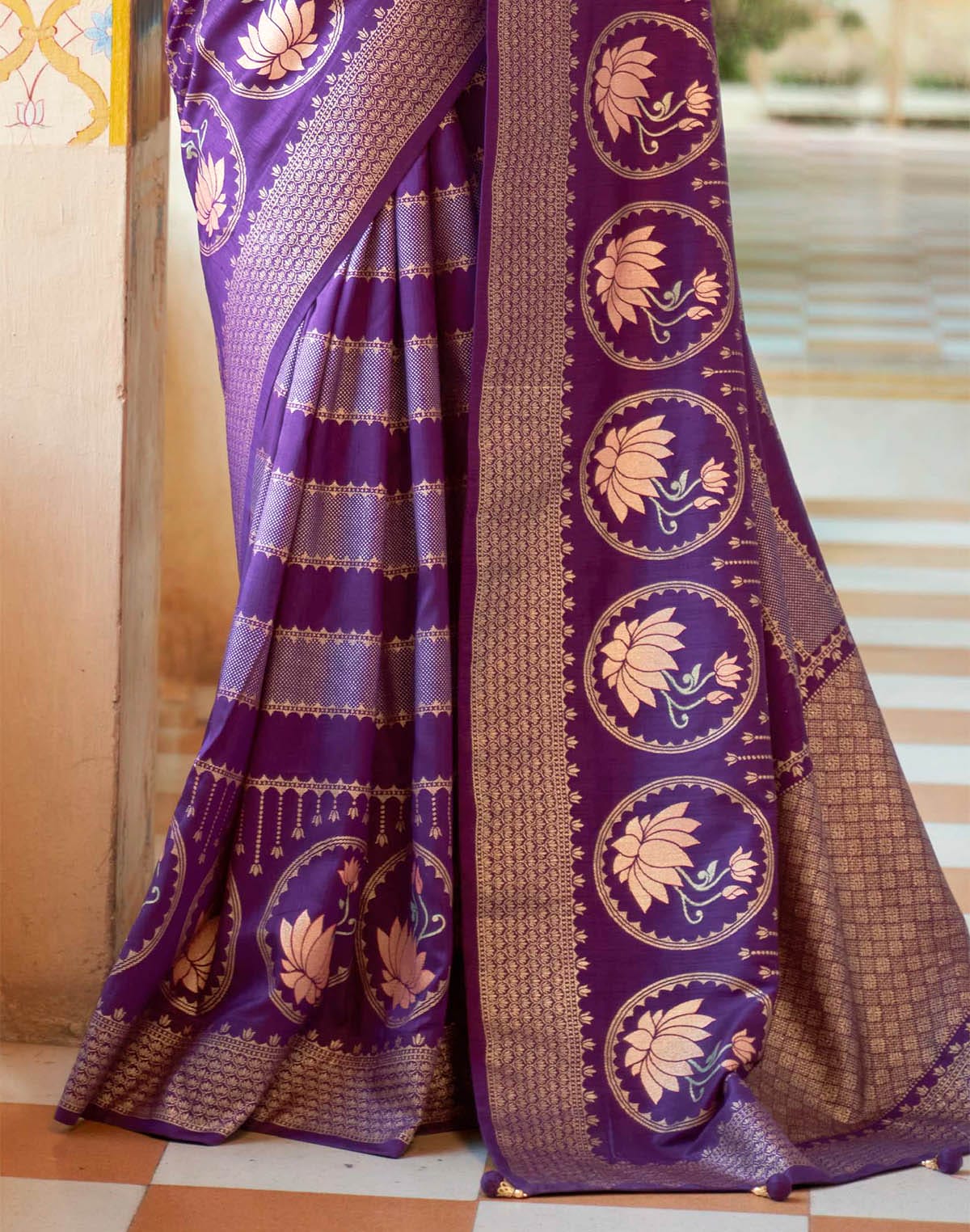 Floral Print Banaras Silk Saree in Purple