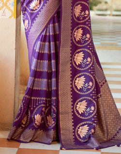 Collection of Floral Print Banaras Silk Saree in Purple in a gallery layout