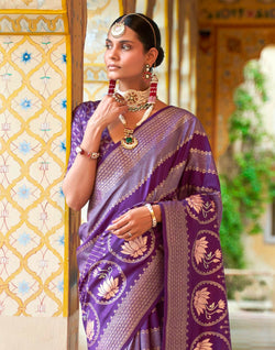 Collection of Floral Print Banaras Silk Saree in Purple in a gallery layout