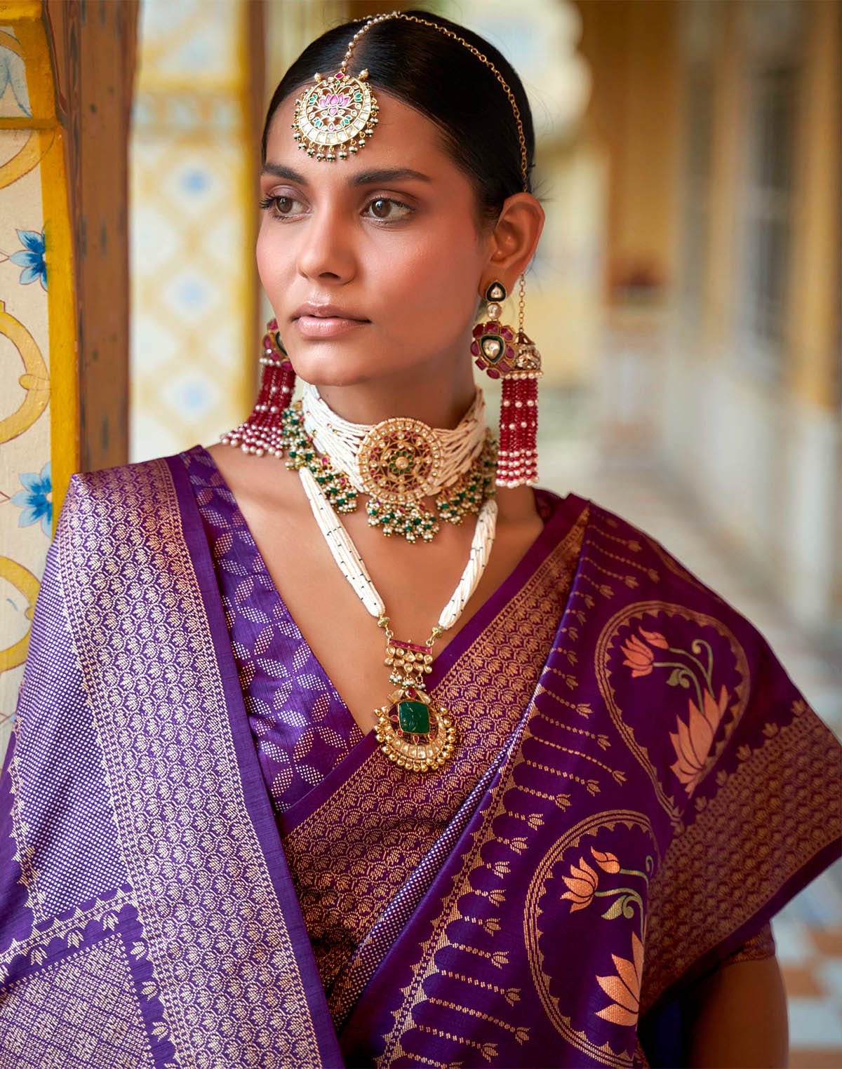 Floral Print Banaras Silk Saree in Purple