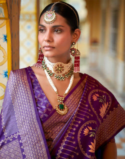 Collection of Floral Print Banaras Silk Saree in Purple in a gallery layout