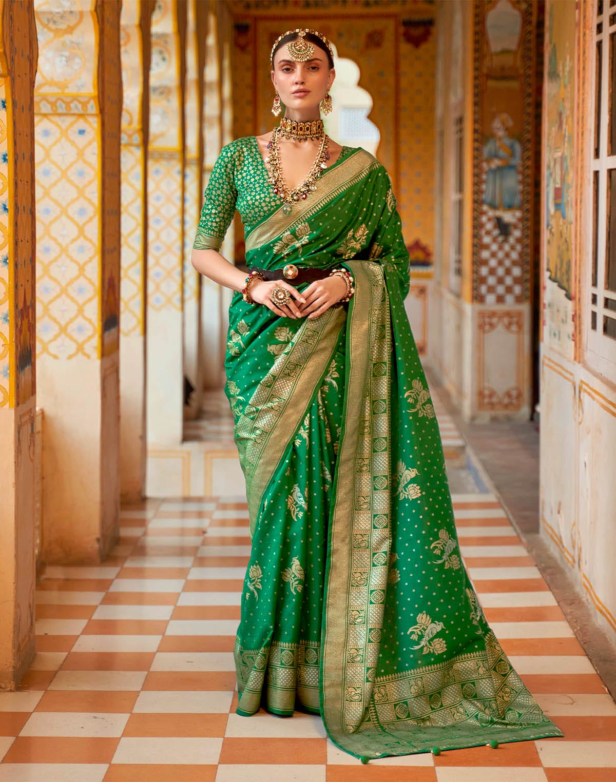 Green Coloured Smooth Banaras Silk Woven design Saree