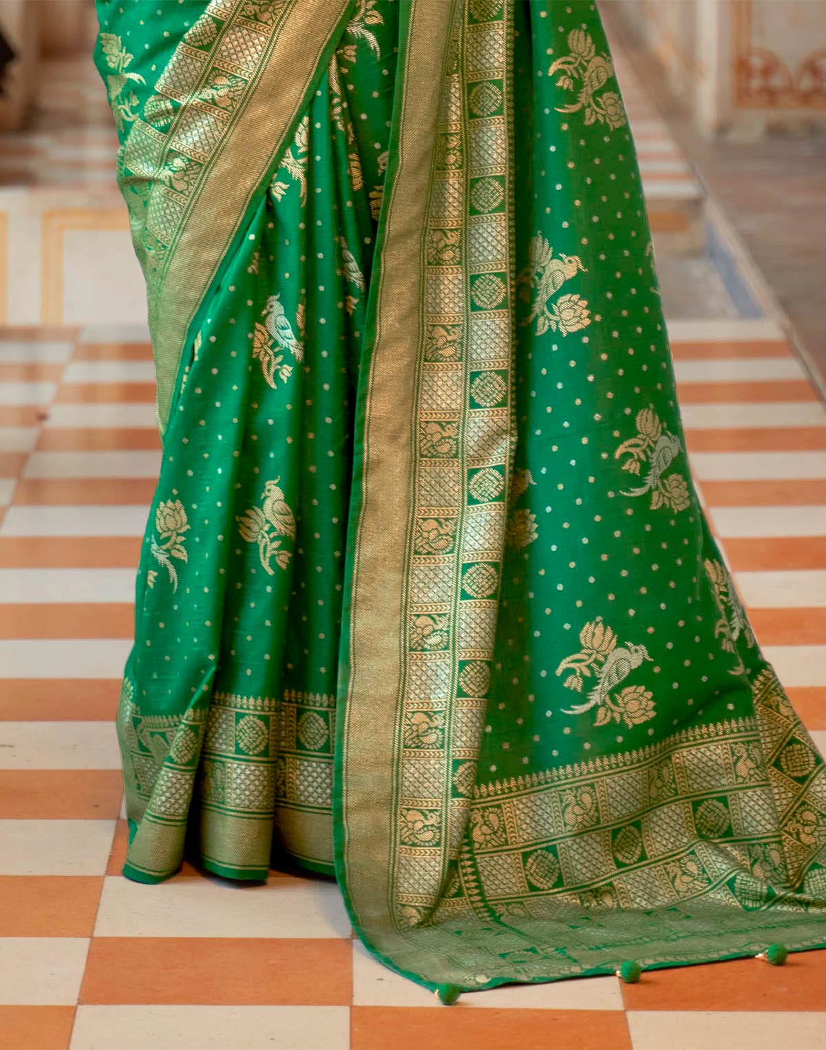 Collection of Green Coloured Smooth Banaras Silk Woven design Saree in a gallery layout