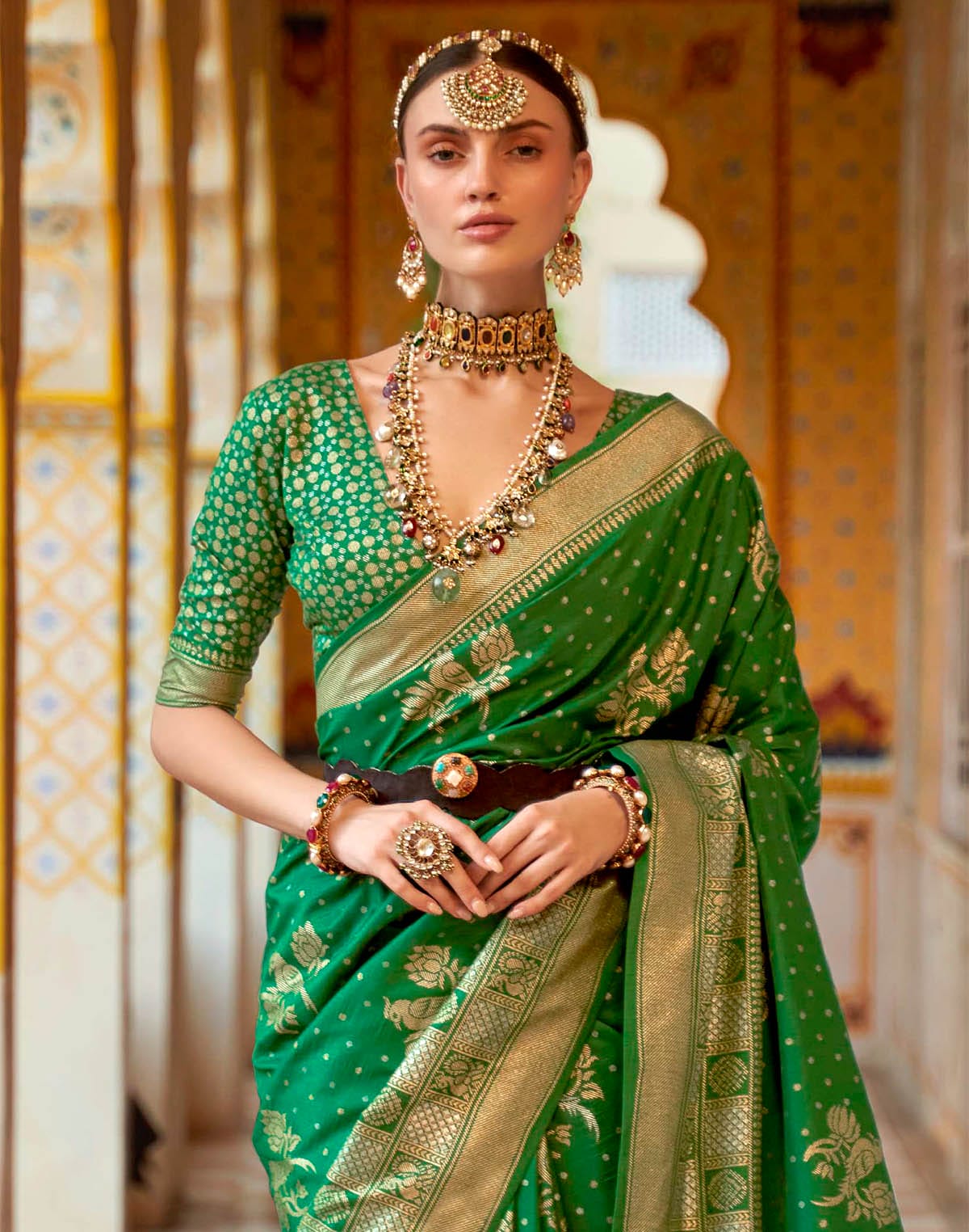 Collection of Green Coloured Smooth Banaras Silk Woven design Saree in a gallery layout