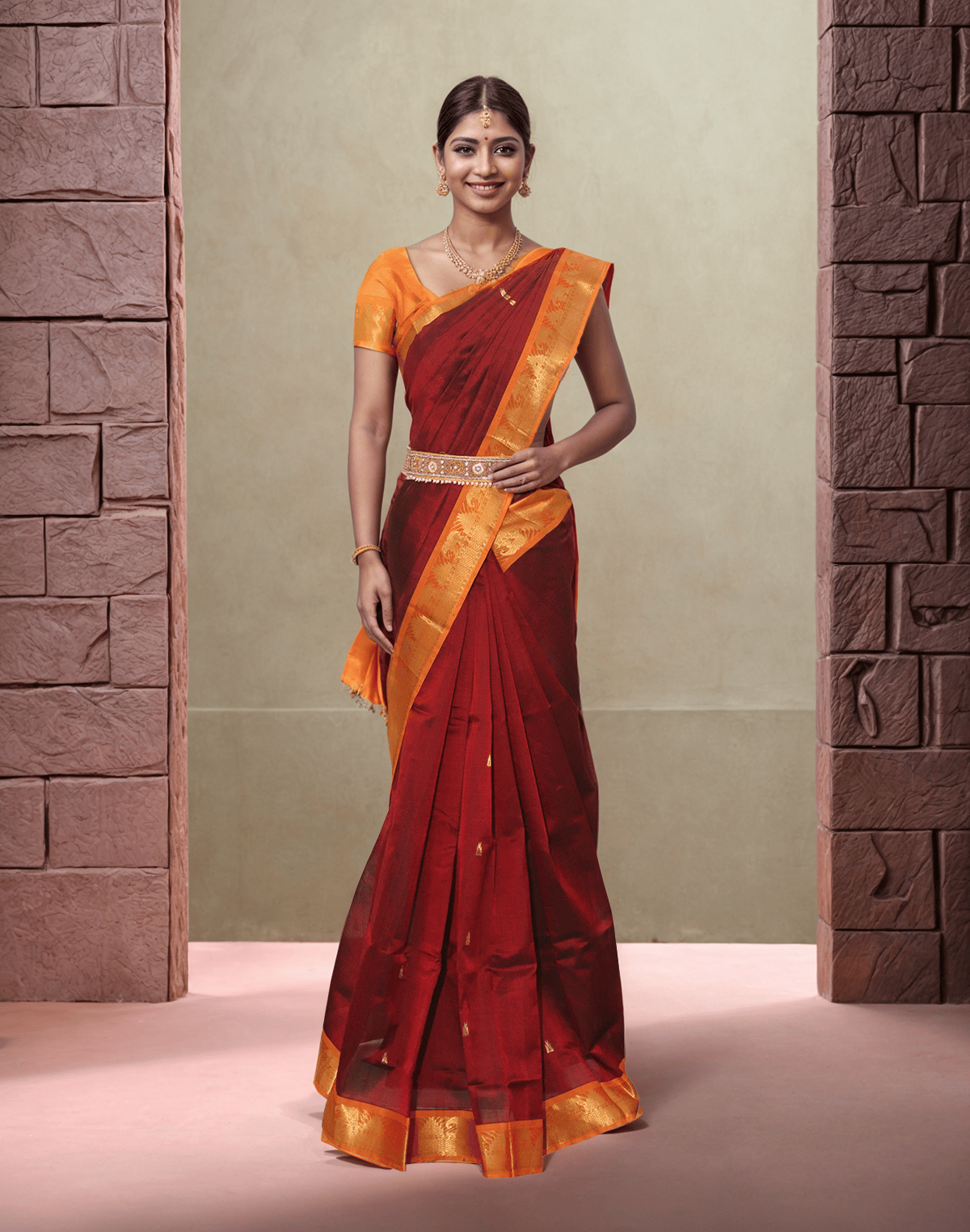 Collection of Maroon Pure Venkatagiri Sico Cotton Saree in a gallery layout