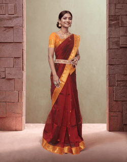 Collection of Maroon Pure Venkatagiri Sico Cotton Saree in a gallery layout