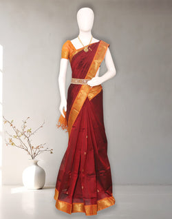 Collection of Maroon Pure Venkatagiri Sico Cotton Saree in a gallery layout