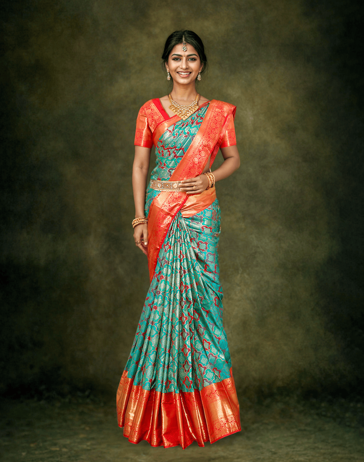 Collection of Green and Red Meenakari skut Border Kanchi Saree in a gallery layout