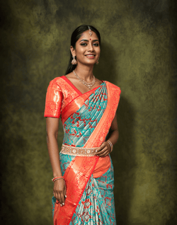 Collection of Green and Red Meenakari skut Border Kanchi Saree in a gallery layout