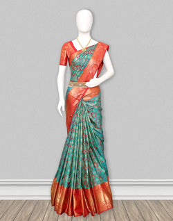 Collection of Green and Red Meenakari skut Border Kanchi Saree in a gallery layout