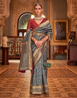 Collection of Peacock Blue Novelty Design Banaras Saree in a gallery layout