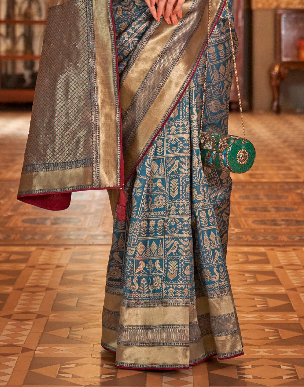 Collection of Peacock Blue Novelty Design Banaras Saree in a gallery layout