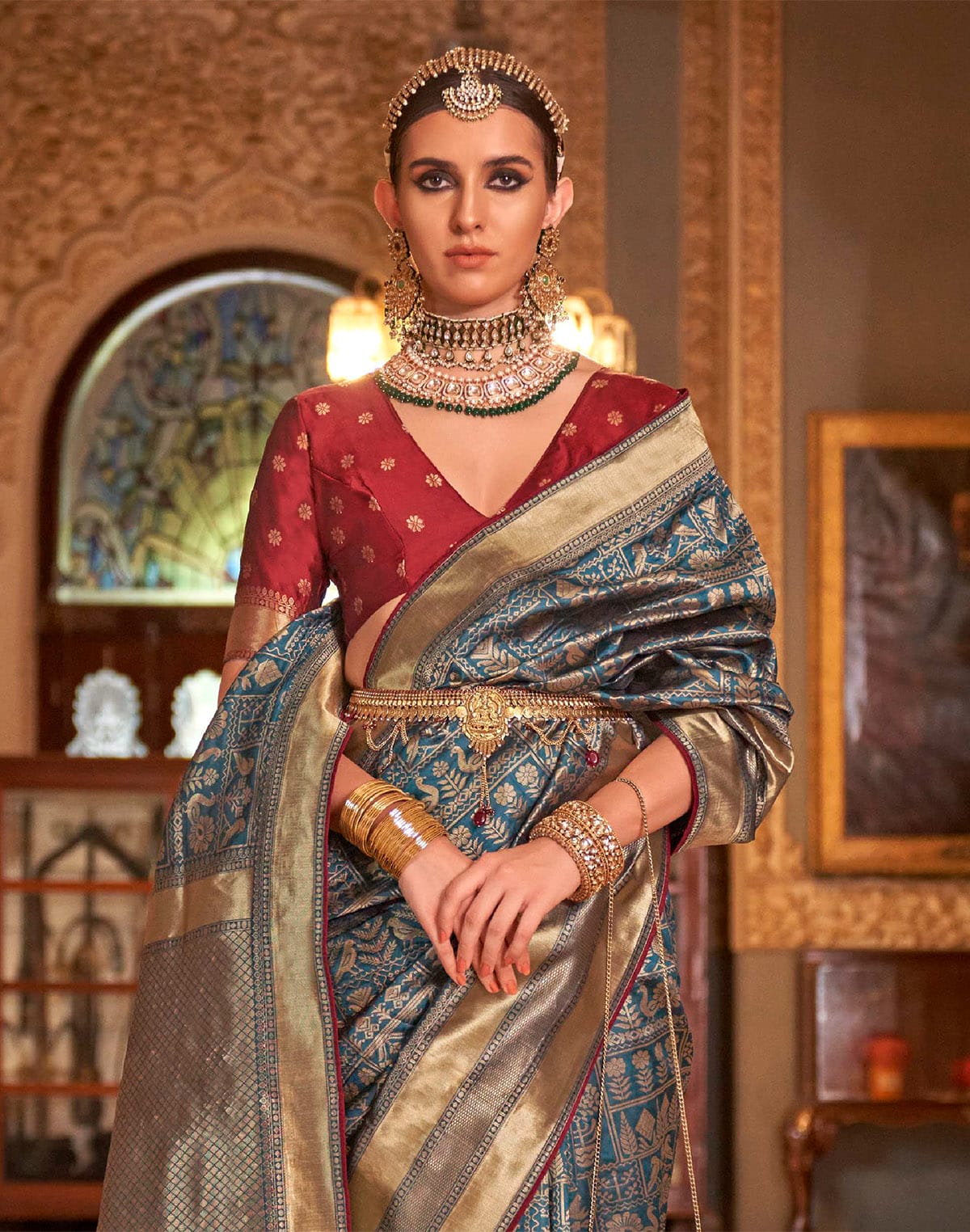 Collection of Peacock Blue Novelty Design Banaras Saree in a gallery layout