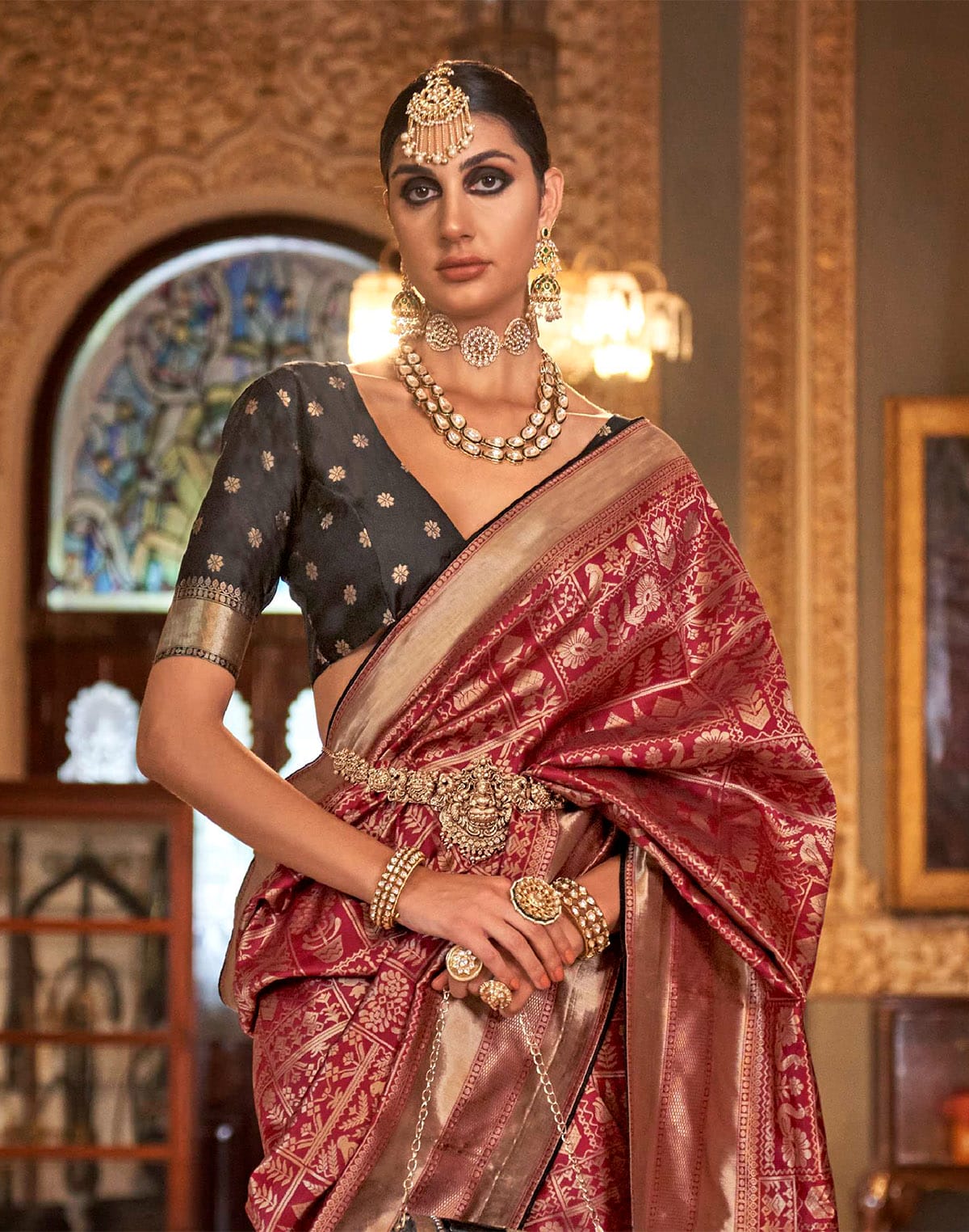 Collection of Maroon Coloured Banaras Silk Saree in a gallery layout