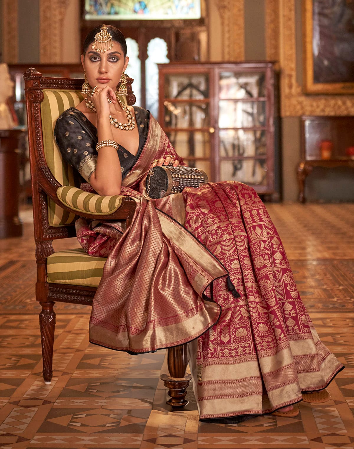 Collection of Maroon Coloured Banaras Silk Saree in a gallery layout