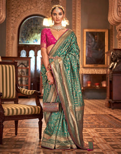 Collection of Teal Green Novelty Pattern Banaras Silk Saree in a gallery layout