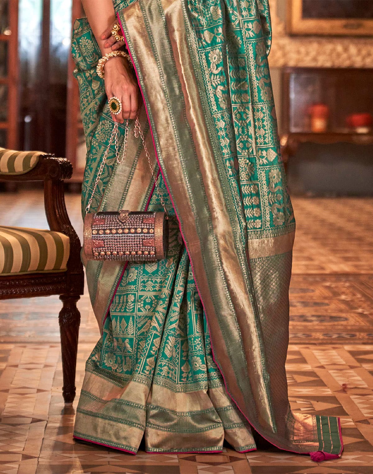 Collection of Teal Green Novelty Pattern Banaras Silk Saree in a gallery layout