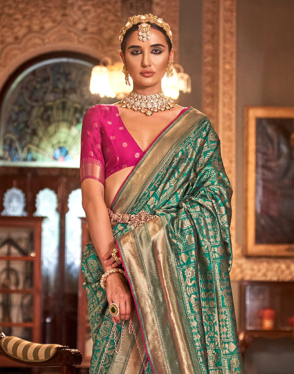 Collection of Teal Green Novelty Pattern Banaras Silk Saree in a gallery layout