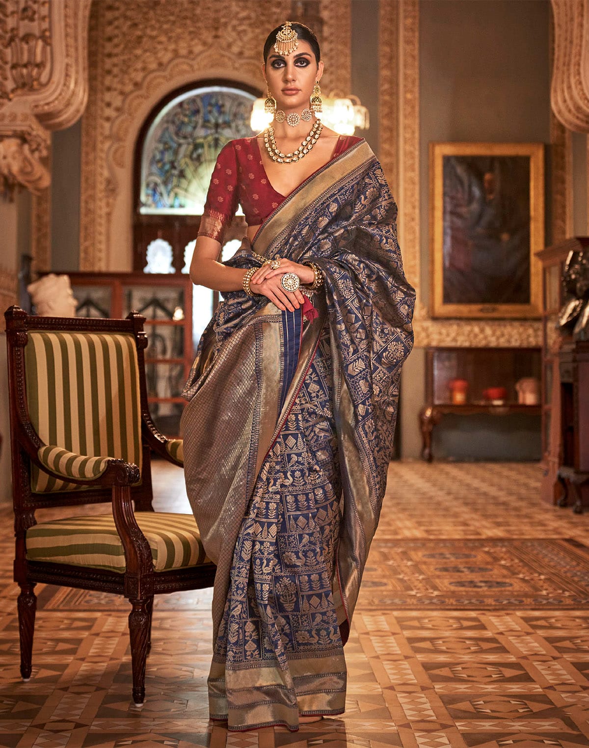 Collection of Navy Blue Elegant Novelty Design Banaras Silk Saree in a gallery layout