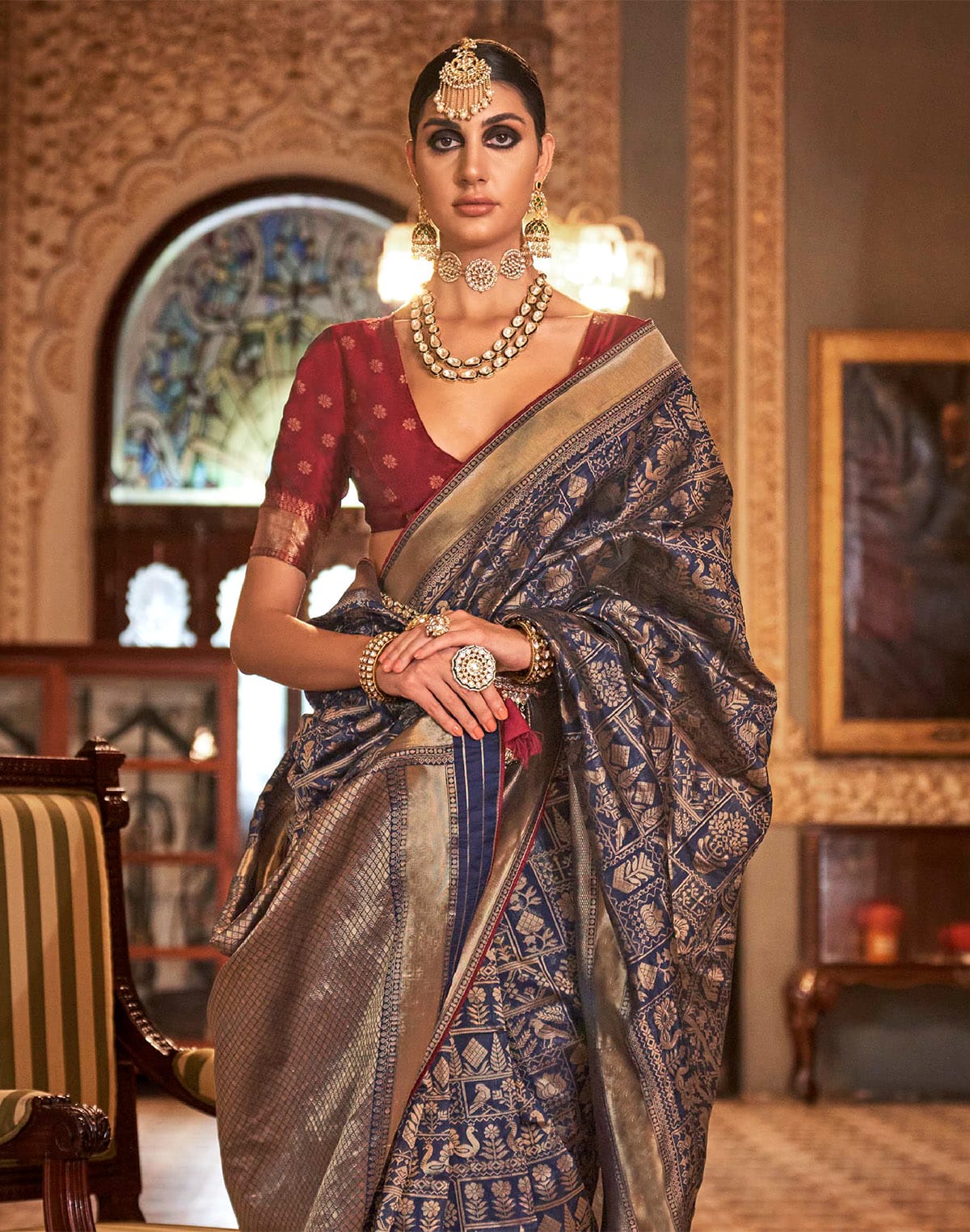 Collection of Navy Blue Elegant Novelty Design Banaras Silk Saree in a gallery layout