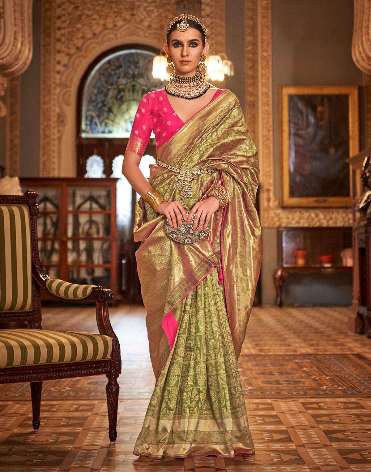 Collection of Olive Green Banaras Silk Trendy Saree in a gallery layout