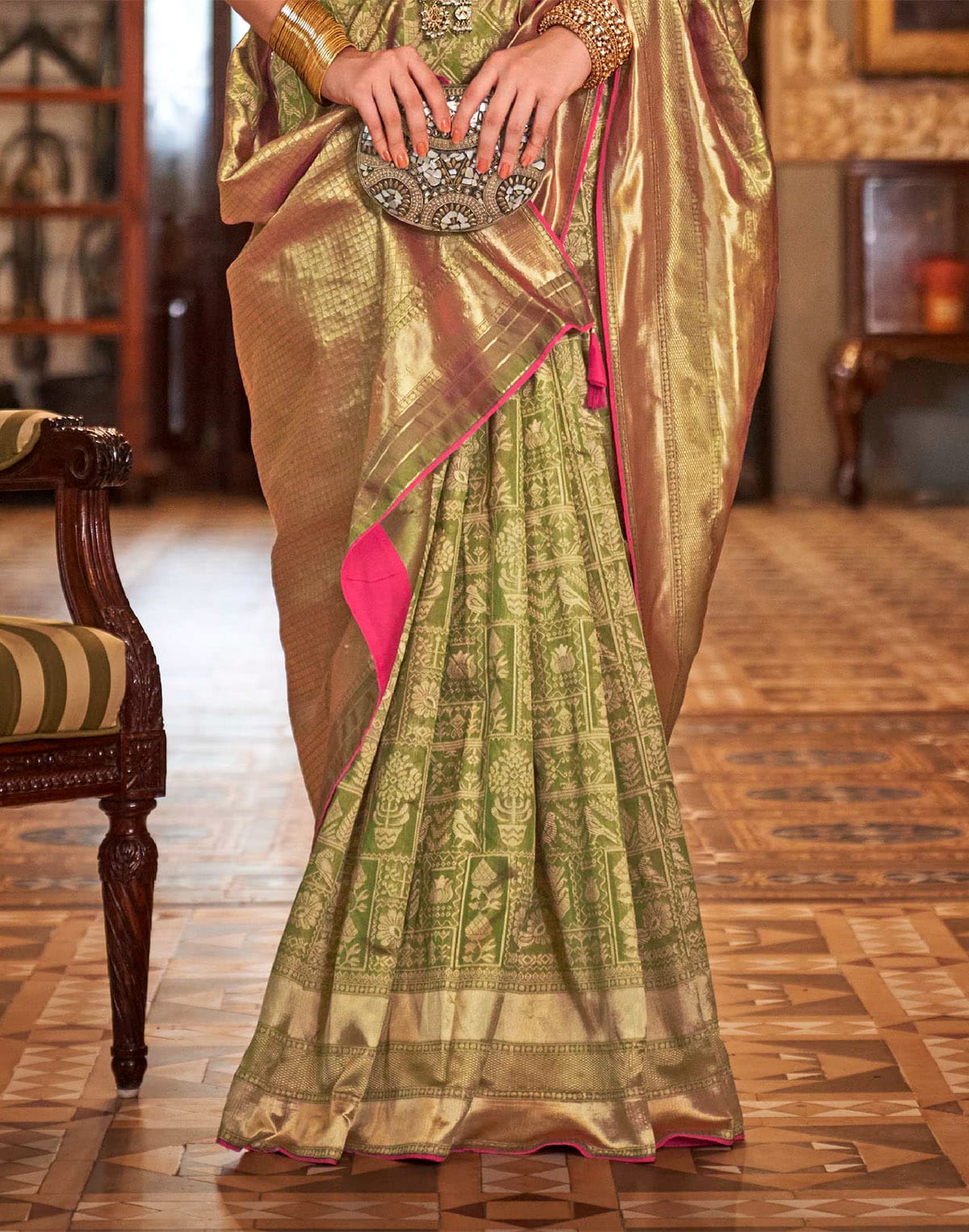 Olive Green Banaras Silk Trendy Saree