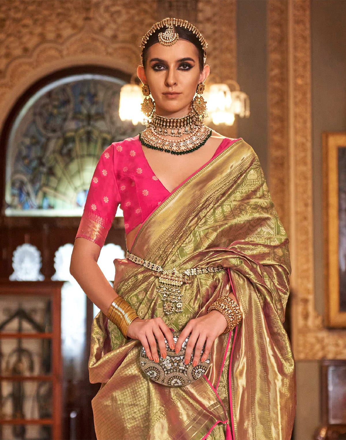 Collection of Olive Green Banaras Silk Trendy Saree in a gallery layout