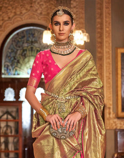 Collection of Olive Green Banaras Silk Trendy Saree in a gallery layout